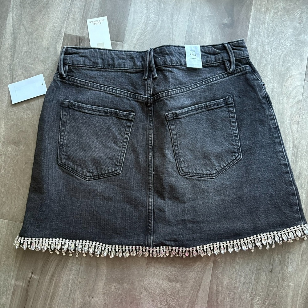 GOOD AMERICAN NWT Denim Crystal Trim Skirt Size 8 $150‎ Retail - Picture 8 of 10